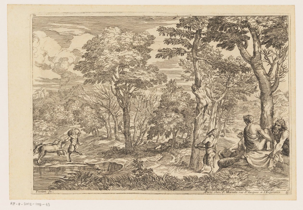 Paisaje forestal con sátiros. Paisajes después de Tiziano (título de la serie) de Moise Jean Baptiste Fouard