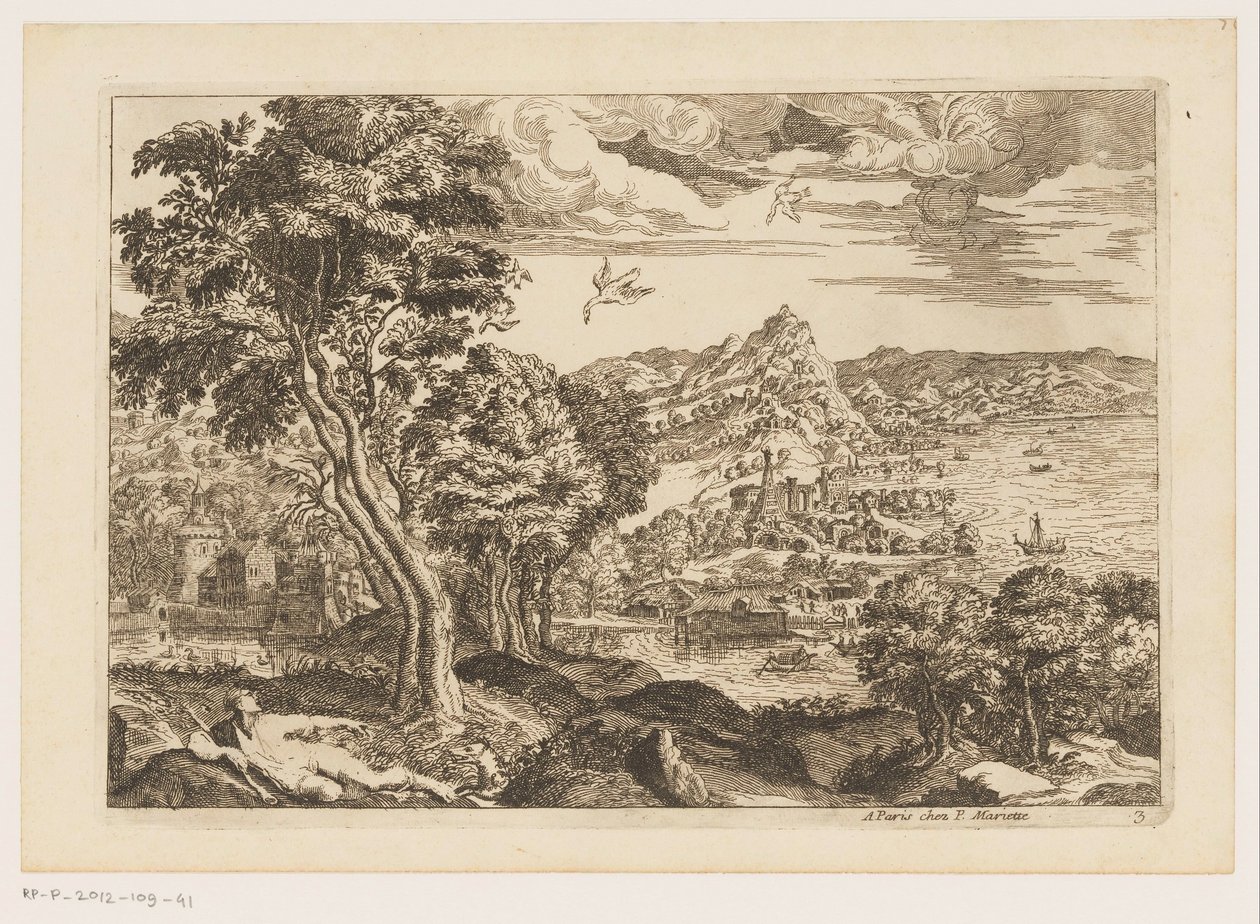 Paisaje costero con pájaros voladores. Paisajes después de Tiziano (título de la serie) de Moise Jean Baptiste Fouard