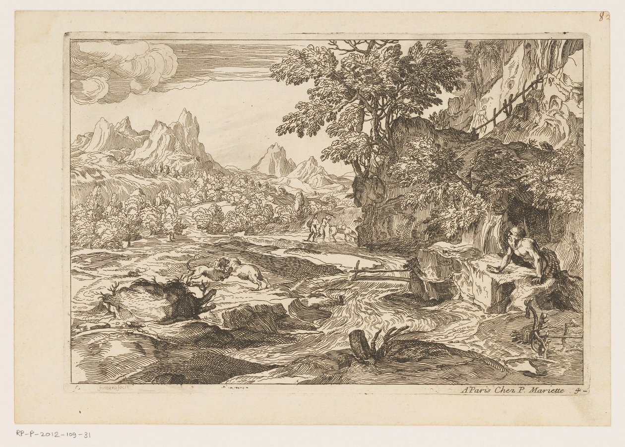 Paisaje con San Jerónimo con dos leones peleando Paisajes después de Tiziano (título de la serie) de Moise Jean Baptiste Fouard