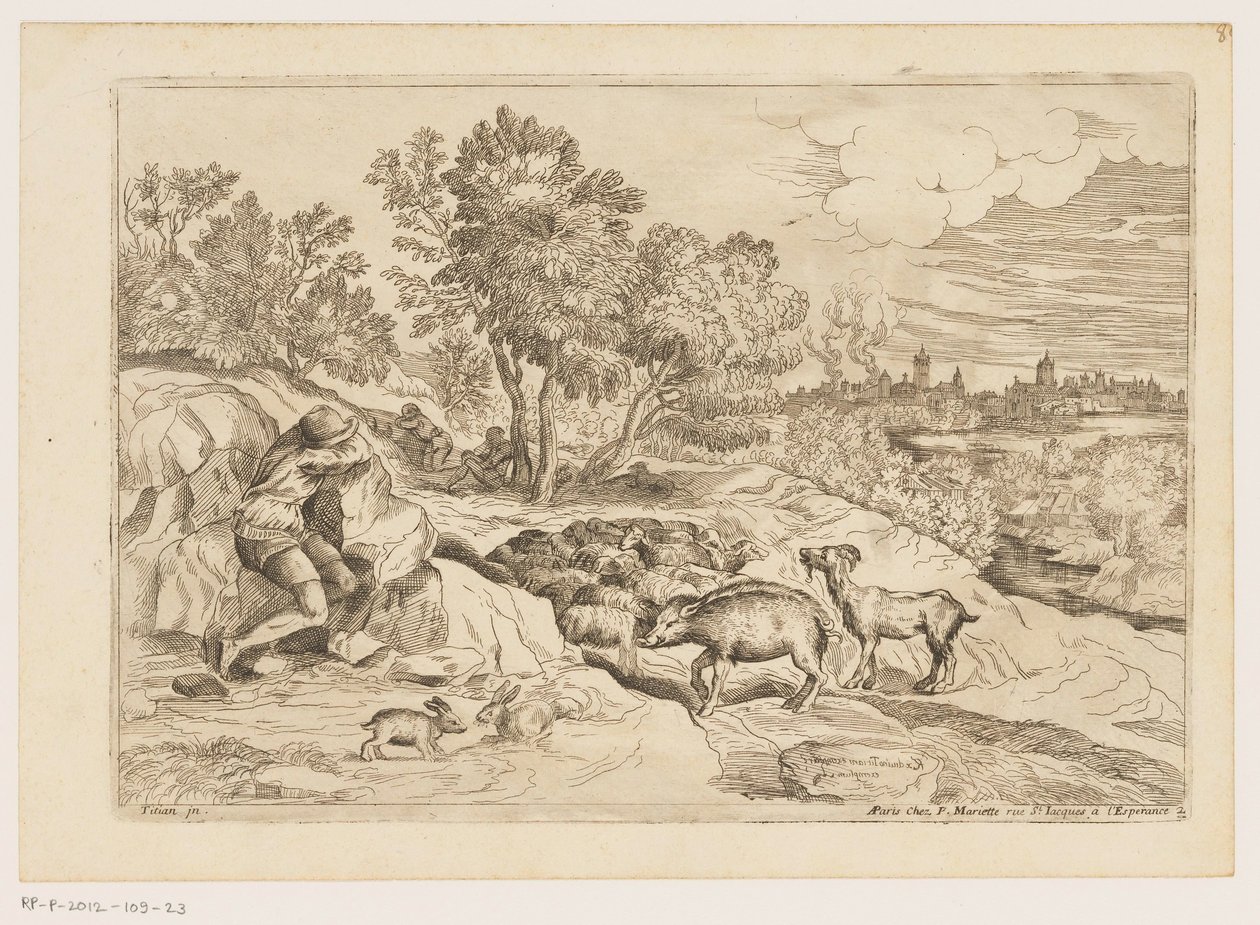 Paisaje con tres pastores descansando con un rebaño Paisajes después de Tiziano (título de la serie) de Moise Jean Baptiste Fouard