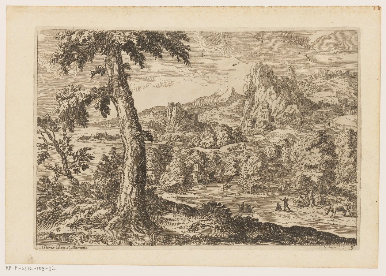 Paisaje con figuras a lo largo de un río. Paisajes después de Tiziano (título de la serie) de Moise Jean Baptiste Fouard