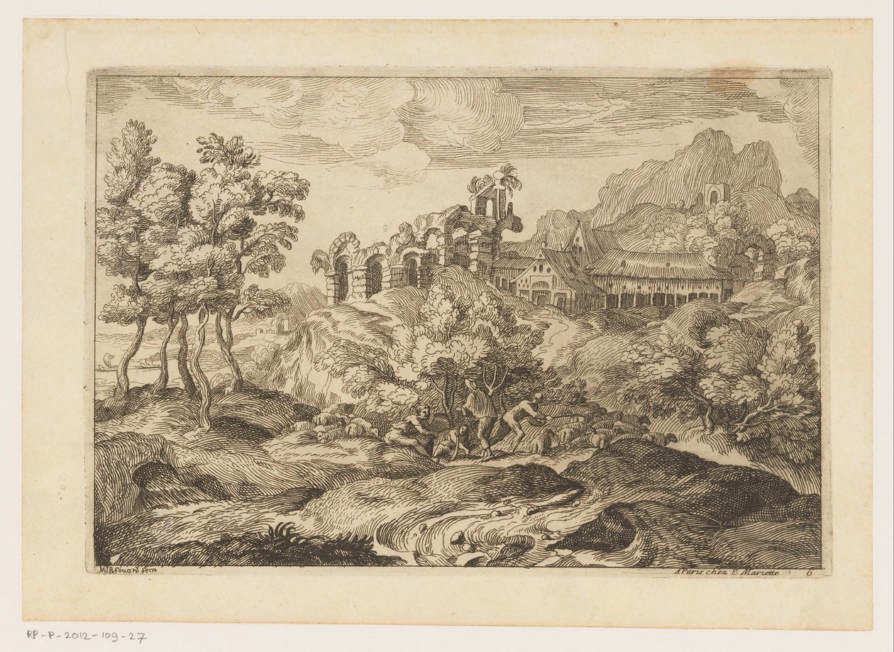 paisaje con pastores con un rebaño en una ruina Paisajes después de Tiziano (título de la serie) de Moise Jean Baptiste Fouard