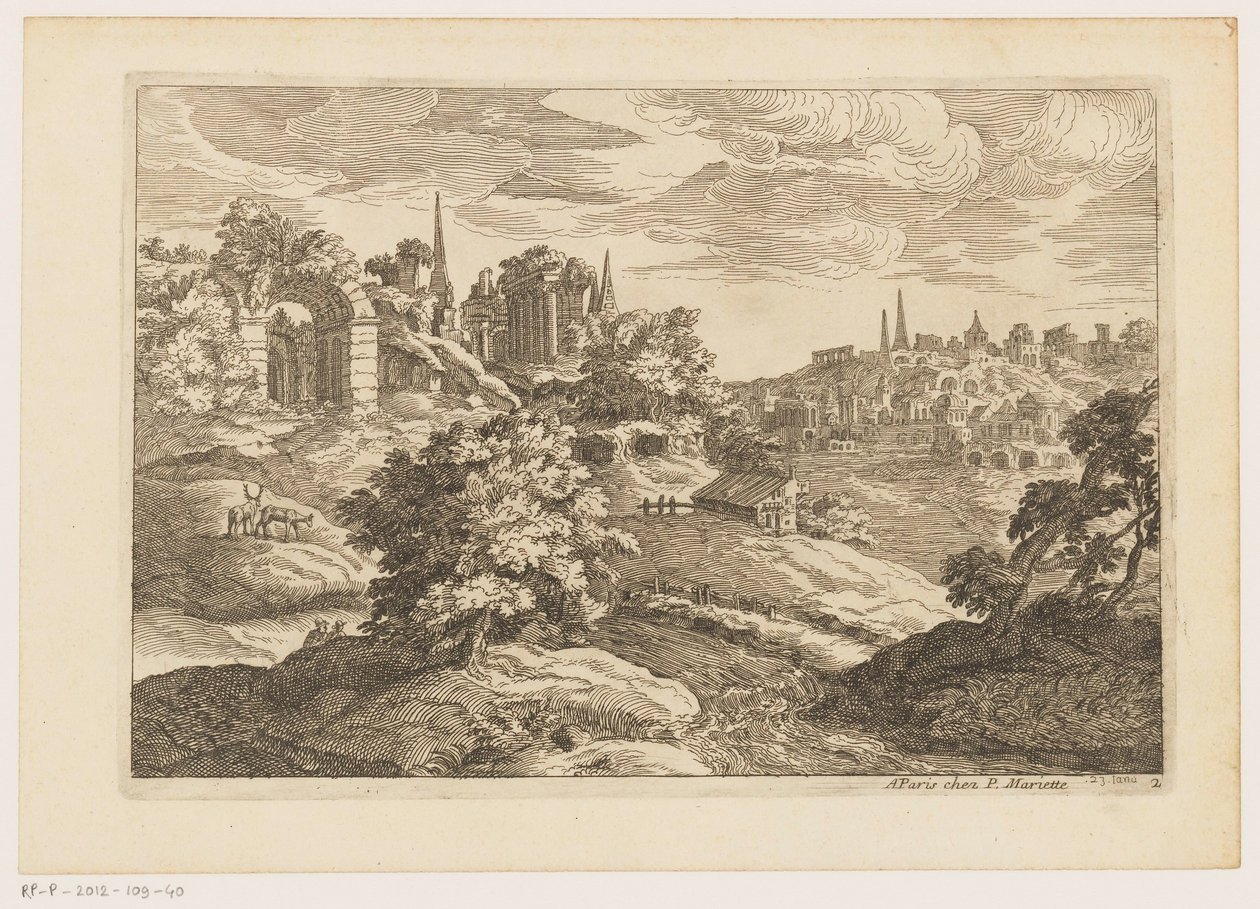 paisaje con ruinas y ciervos Paisajes después de Tiziano (título de la serie) de Moise Jean Baptiste Fouard