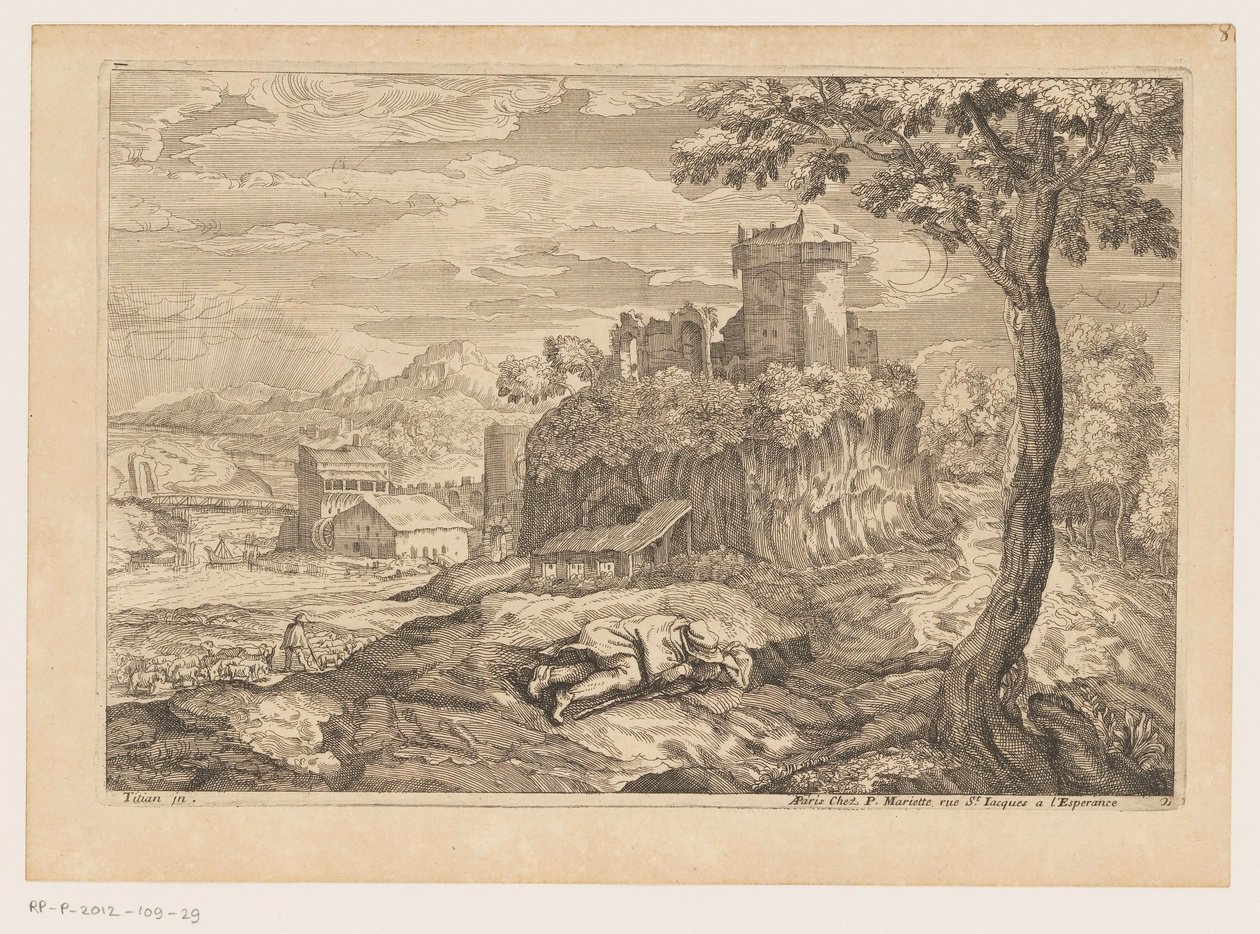 Paisaje con un pastor descansando, al fondo un río con puente y molino de agua Paisajes después de Tiziano (título de la serie) de Moise Jean Baptiste Fouard