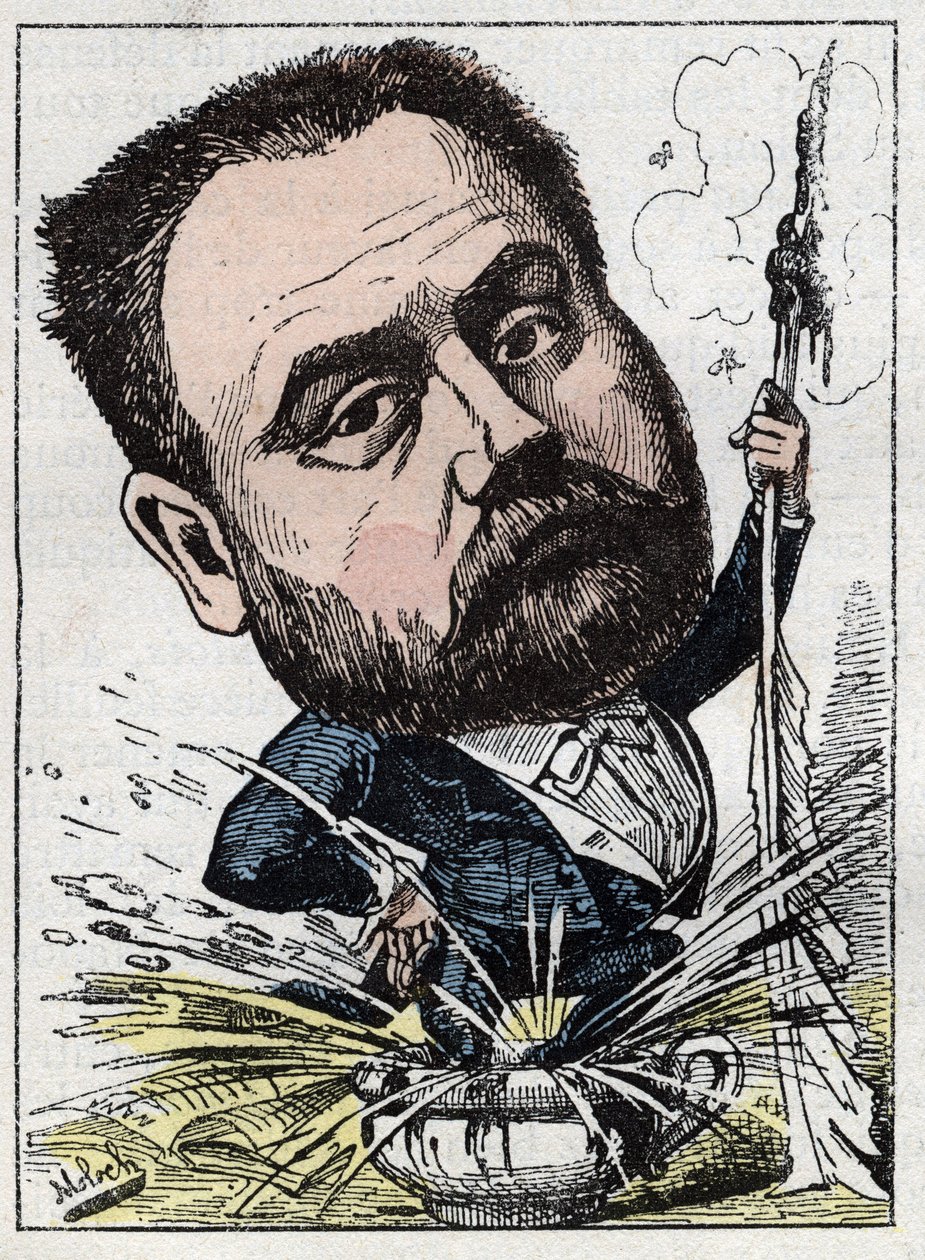 Retrato de Emile Zola (1840-1902) escritor francés en “Le Trombinoscope” por Touchatout, caricatura de B. Moloch de 1882 (1849-1909). Colección privada de Moloch