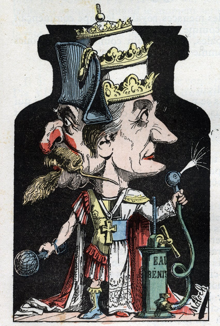 Alegoría del Concordato (firmado entre Pío VII y Bonaparte) de 1801 representado por Moloch como un dispositivo de compresión con Napoleón III y el Papa de Moloch