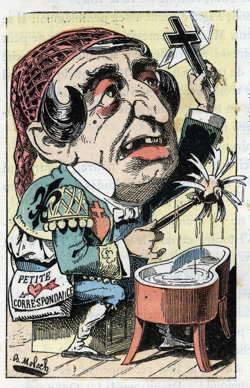 Alegoría del periódico francés Le Figaro en "Le Trombinoscope" por Touchatout, caricatura de B. Moloch de 1882 (1849-1909). Colección privada de Moloch