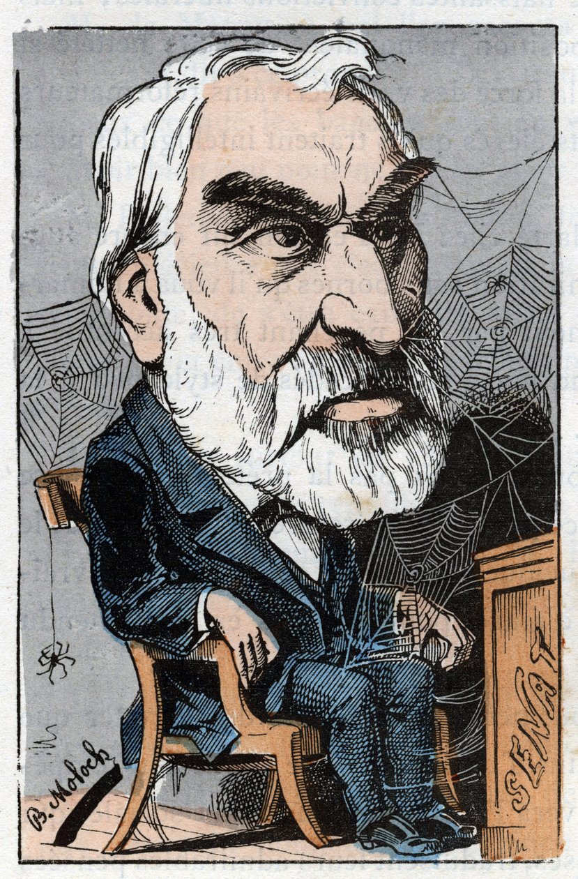 Eugène Pelletan (1813-1884), periodista literario y político francés en “Le Trombinoscope” de Touchatout, caricatura de B. Moloch de 1882 (1849-1909). Colección privada de Moloch