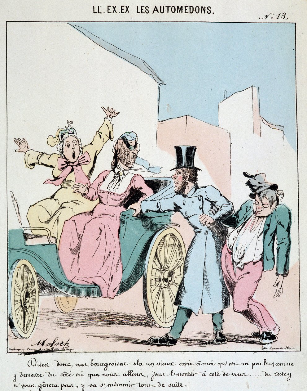 HE. EX. EX. Motoredons: Caricatura del transporte en la ciudad. Un cochero lleva a un amigo borracho en el carruaje junto a dos mujeres burguesas horrorizadas. Dibujo de Moloch (1849-1909), alrededor de 1860. de Moloch