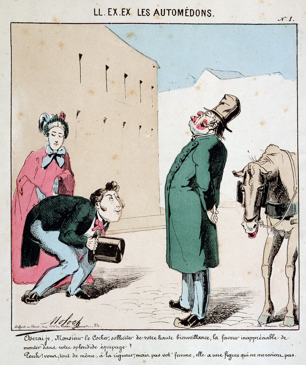 HE. EX. EX. Motoredons: Caricatura del transporte en la ciudad. Un hombre ruega a un cochero que transporte a él y a su esposa. El altivo cochero se niega a permitir que la mujer suba. Dibujo de Moloch (1849-1909), alrededor de 1860. de Moloch
