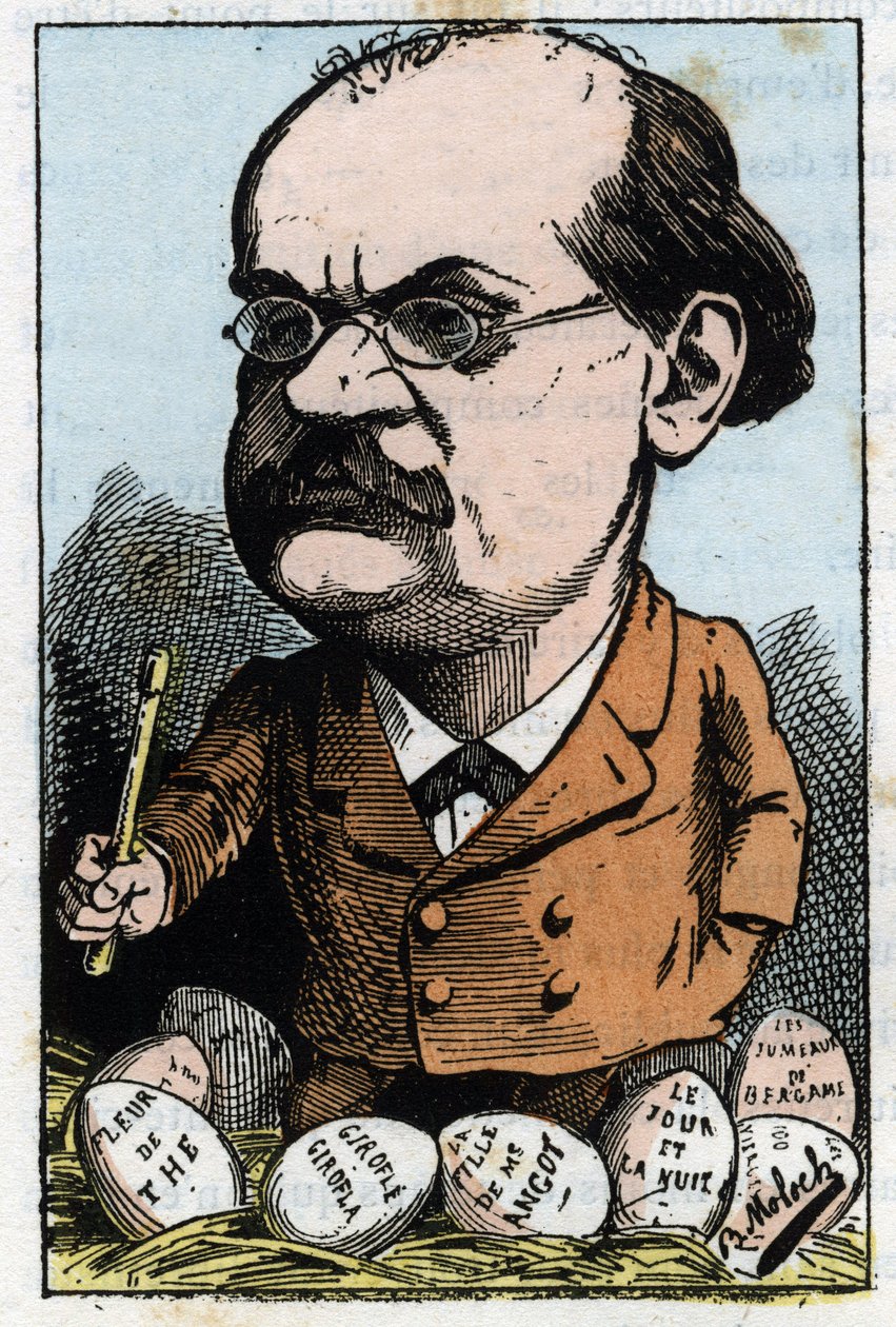 Retrato de Alexandre Charles Lecocq (1832-1918), compositor francés en “Le Trombinoscope” por Touchatout, caricatura de B. Moloch de 1882 (1849-1909). Colección privada de Moloch