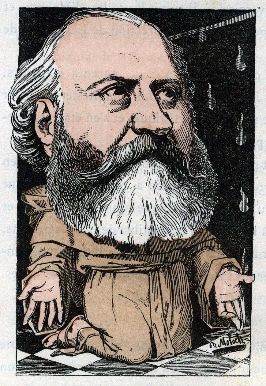 Retrato de Charles Gounod (1818-1893), compositor francés en “Le Trombinoscope” por Touchatout, caricatura de B. Moloch de 1882 (1849-1909). Colección privada. de Moloch