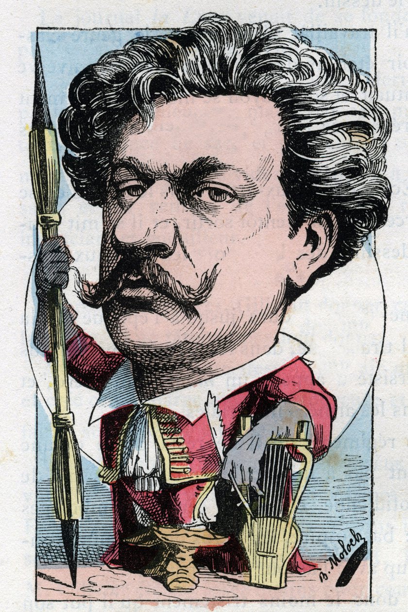 Retrato de Louis Alexandre Gosset de Guines llamado Andre Gill (1840-1885) poeta y pintor francés en “Le Trombinoscope” por Touchatout, caricatura por B. Moloch de 1882 (1849-1909). Colección privada de Moloch