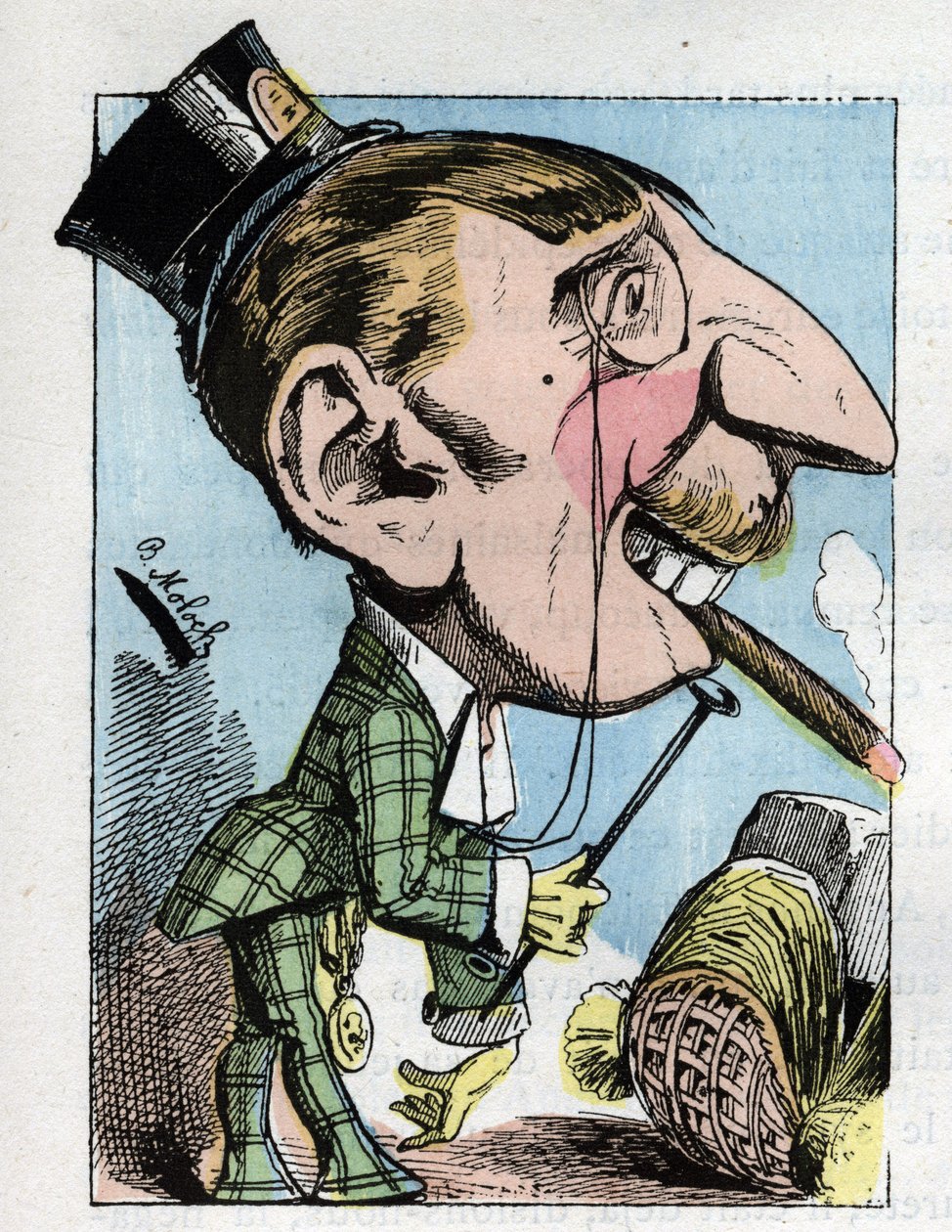 Retrato de un joven "gummy" con elegancia extravagante y ridícula (dandy, elegante, sospechoso, viscoso) en "Le Trombinoscope" por Touchatout, caricatura de B. Moloch de 1882. Colección privada. de Moloch