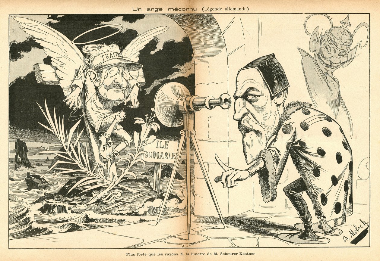 La imagen de la risa, número 4, circa 1897_11_13 - Ilustración de Alphonse Hector Columbus, conocido como B. Moloch o Moloch (1849-1909): Un ángel desconocido - Asunto Dreyfus, Isla del Diablo - Dreyfus Alfred, Scherer-Kestner Auguste de Moloch