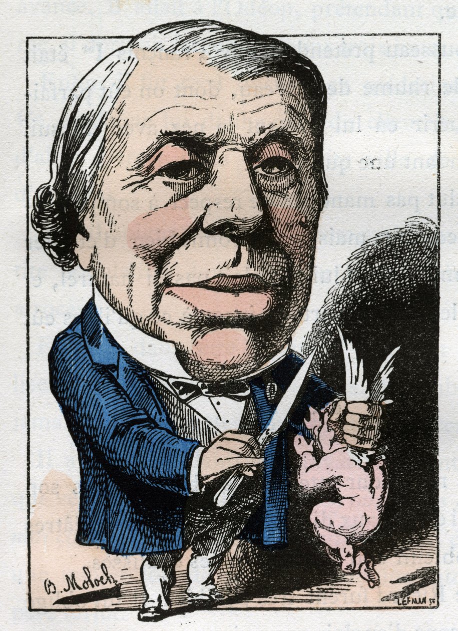 Retrato de Philippe Ricord (1800-1889), cirujano francés en “Le Trombinoscope” por Touchatout, caricatura de B. Moloch de 1882 (1849-1909). Colección privada. de Moloch