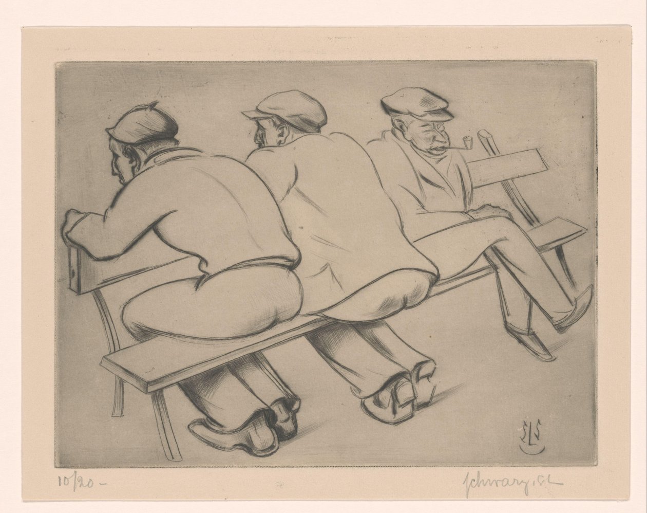 Tres hombres en un banco de Mommie Schwarz (signed by artist)