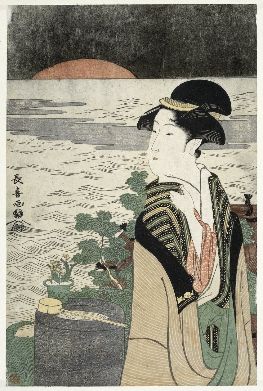 Mujer joven al amanecer de Momokawa Chôki