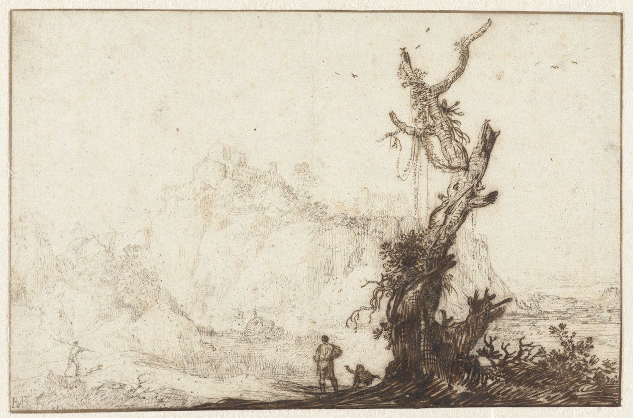 Paisaje montañoso con un árbol desnudo en primer plano de Monogrammist BVB