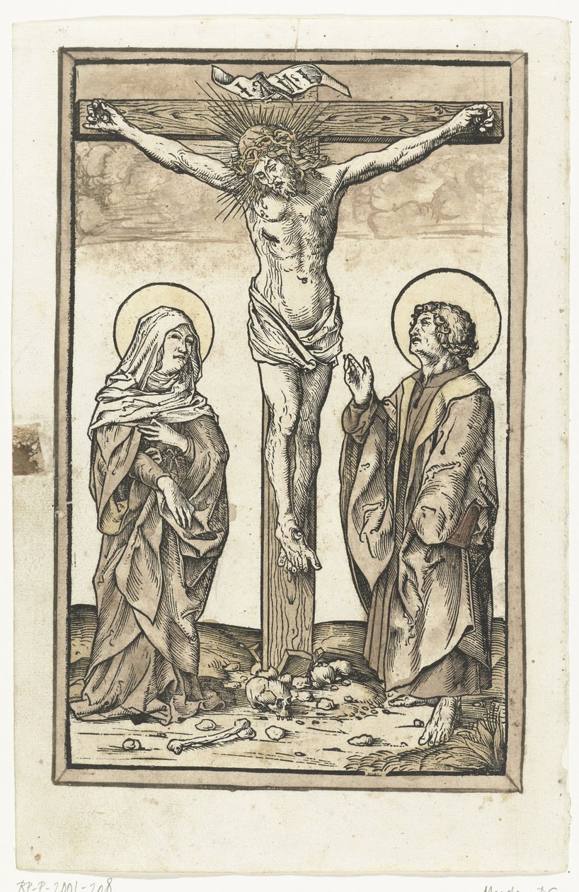 Cristo en la Cruz, con María y Juan de Monogrammist DS (graveur) (attributed to)
