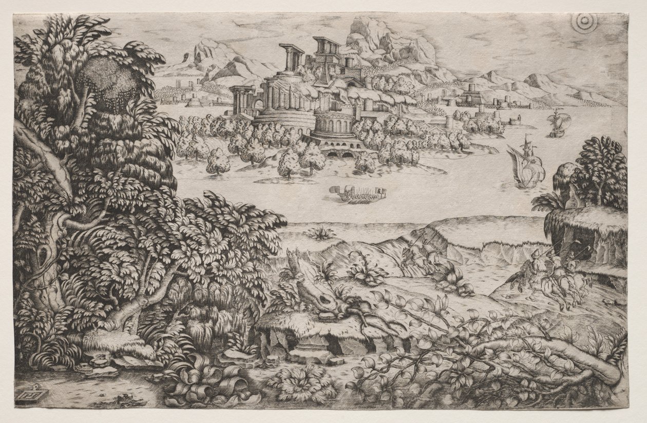 Landscape with a Temple above a Lake de Monogrammist HI