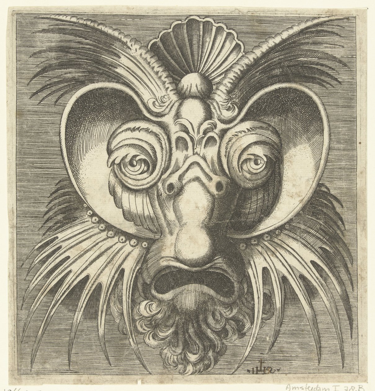Máscara con platillos alrededor de los ojos y crestas puntiagudas en las mejillas y la frente. Libro di variate mascar (...) (título de serie) de Monogrammist IHS