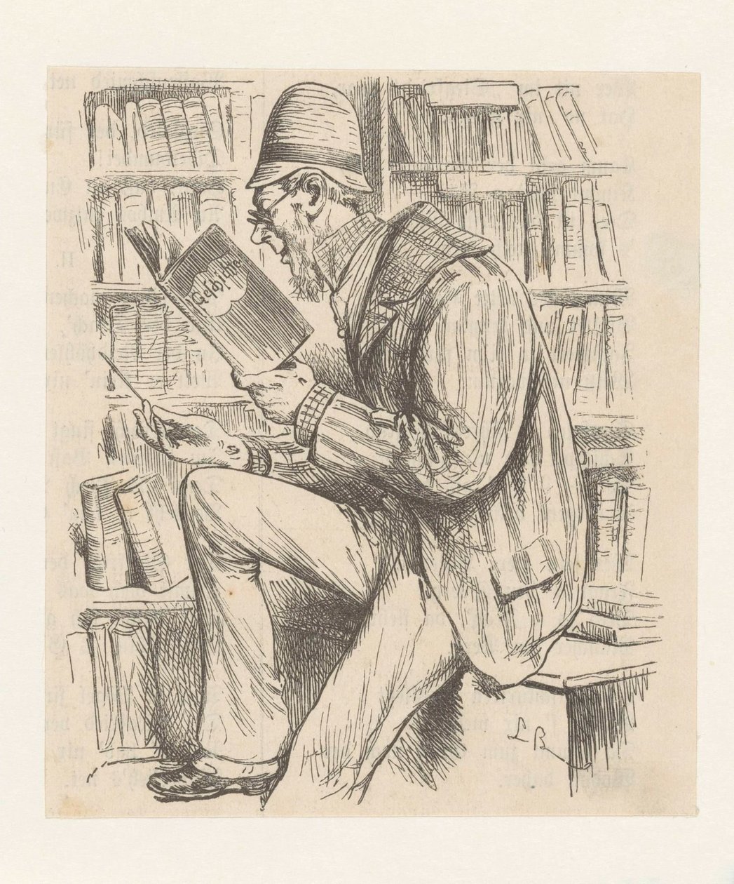 Hombre en una librería de Monogrammist LB (Duitsland 19e eeuw)