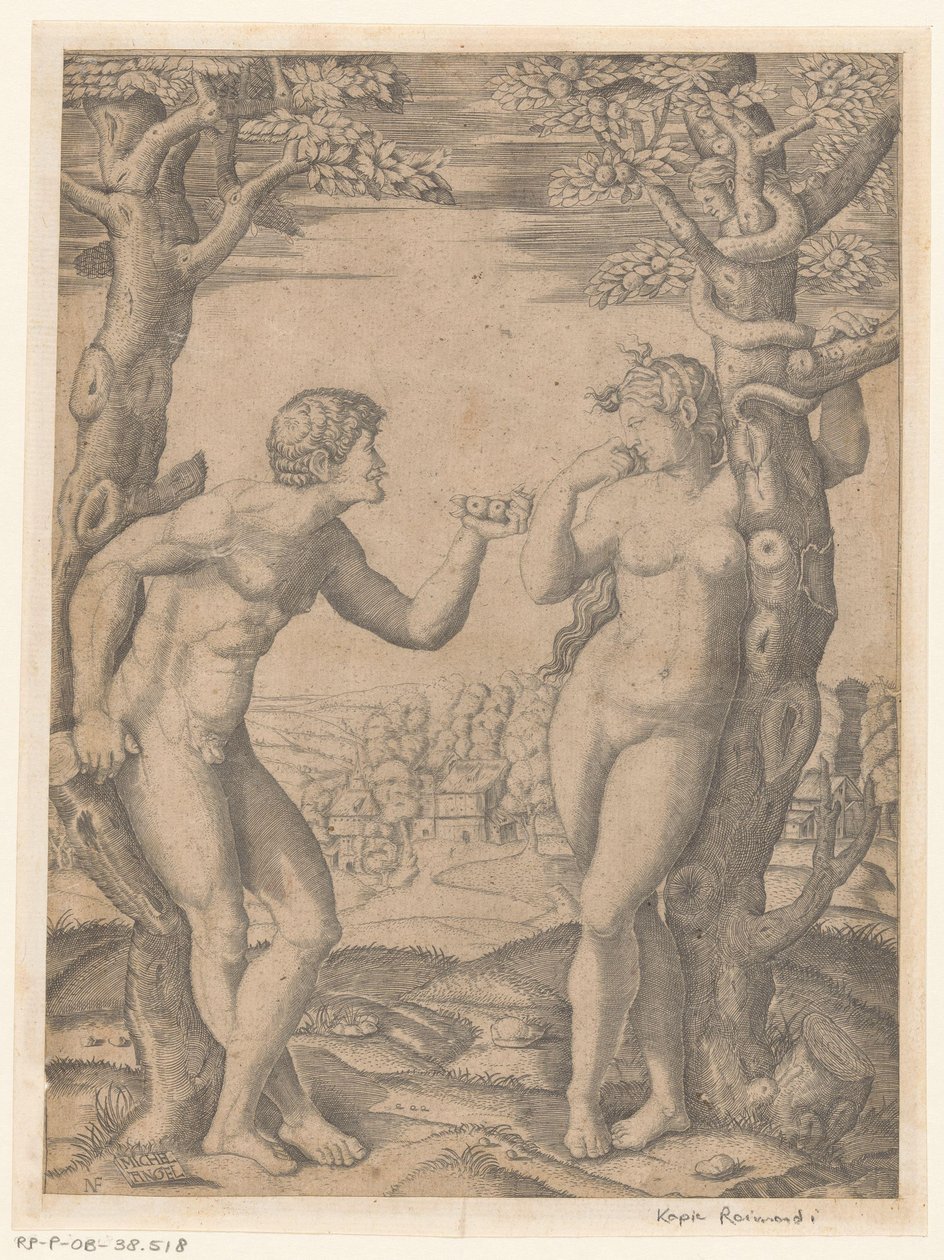 Caída de Adán y Eva en el árbol del conocimiento del bien y del mal con serpiente de Monogrammist NF (graveur)