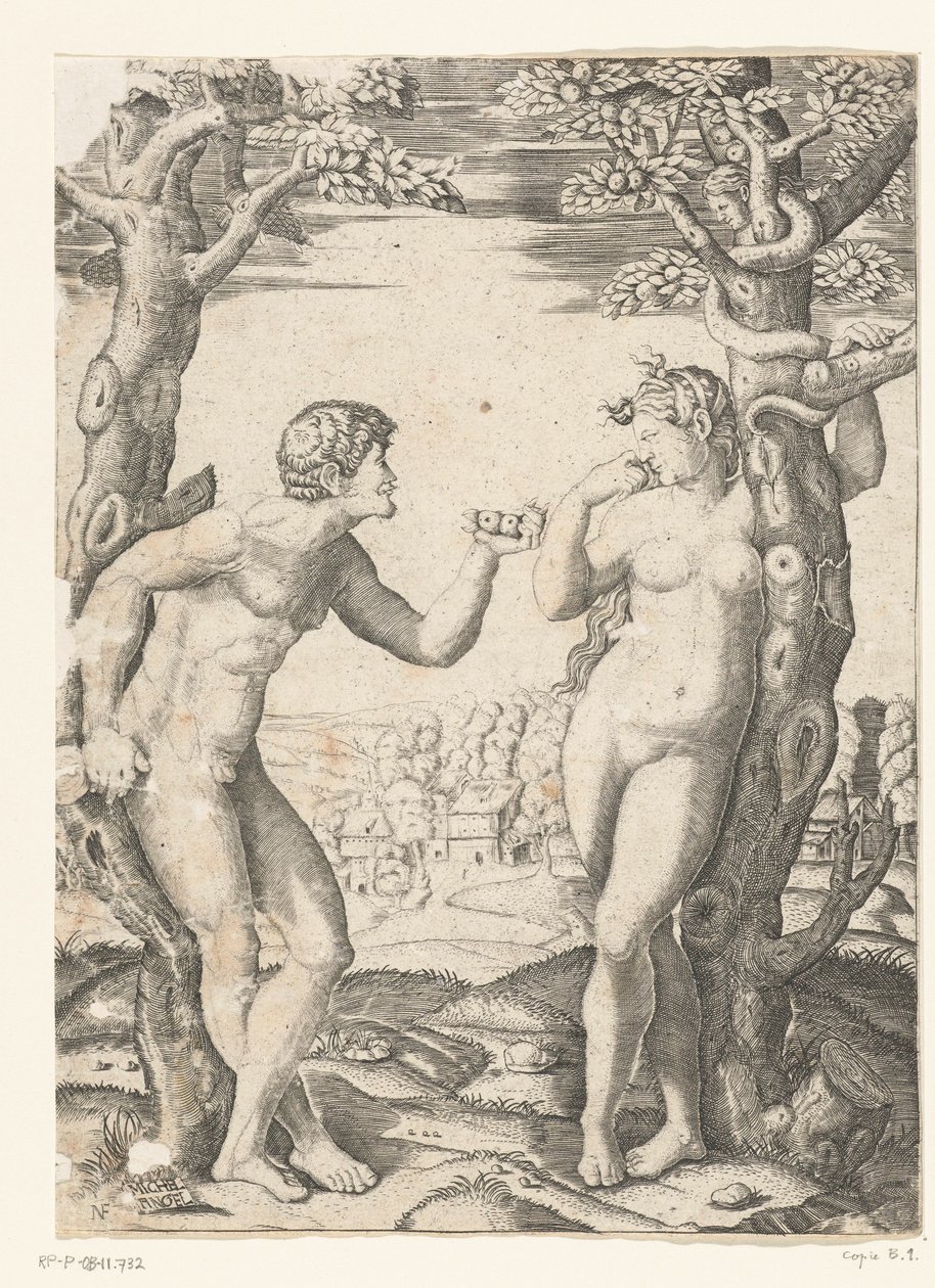 Caída de Adán y Eva en el árbol del conocimiento del bien y del mal con serpiente de Monogrammist NF (graveur)