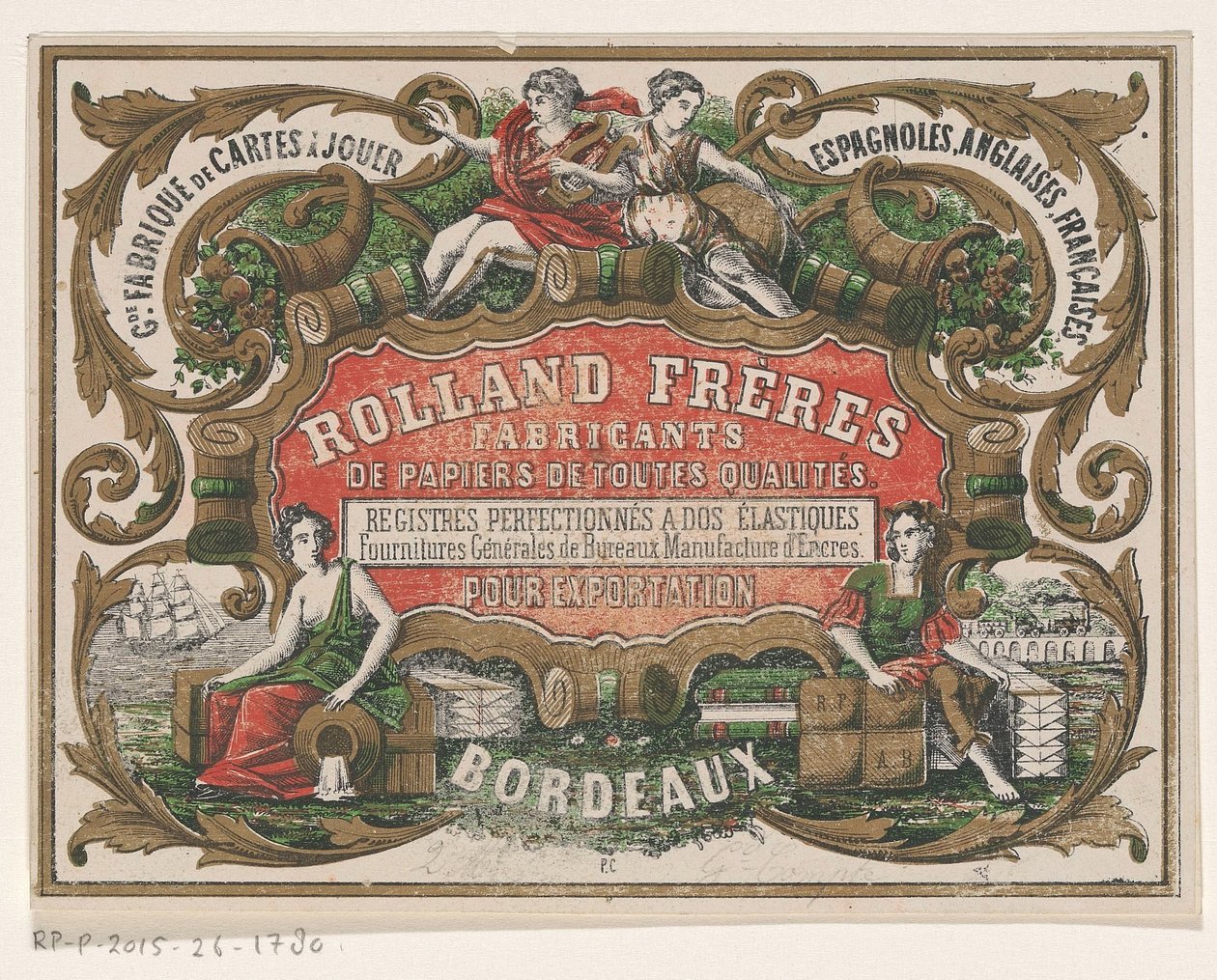 Tarjeta de visita de Rolland Frères, fabricante de papel en Burdeos de Monogrammist PC (lithograaf)