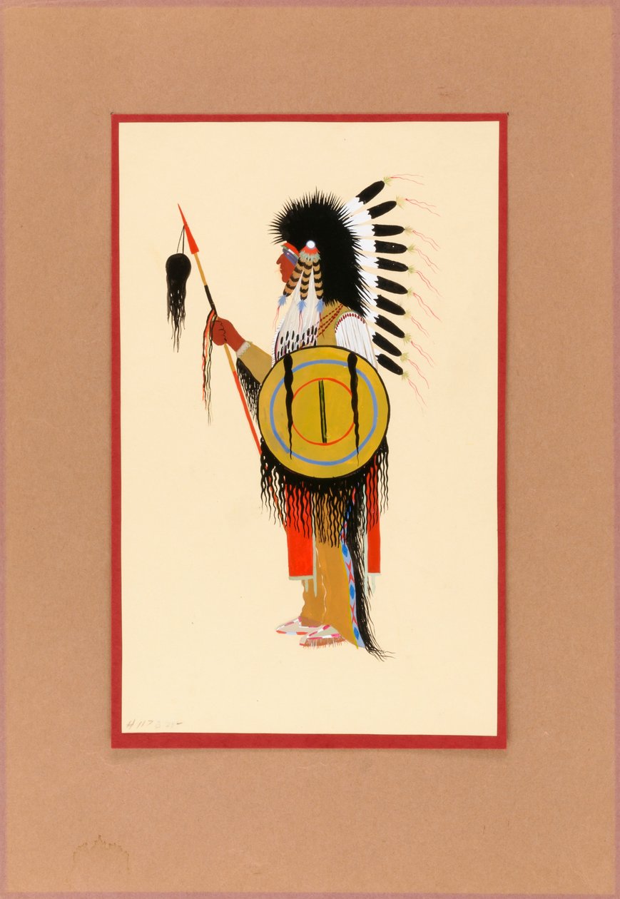Guerrero cheyenne con tocado de plumas y escudo, ca. 1915-1937 de Monroe Tsatoke