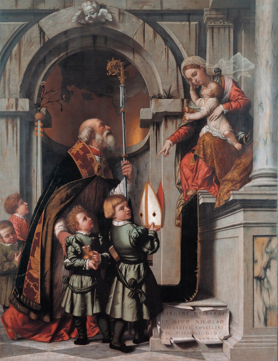 San Nicolás de Bari presenta a los estudiantes Rovelli a la Virgen y el Niño de Moretto da Brescia