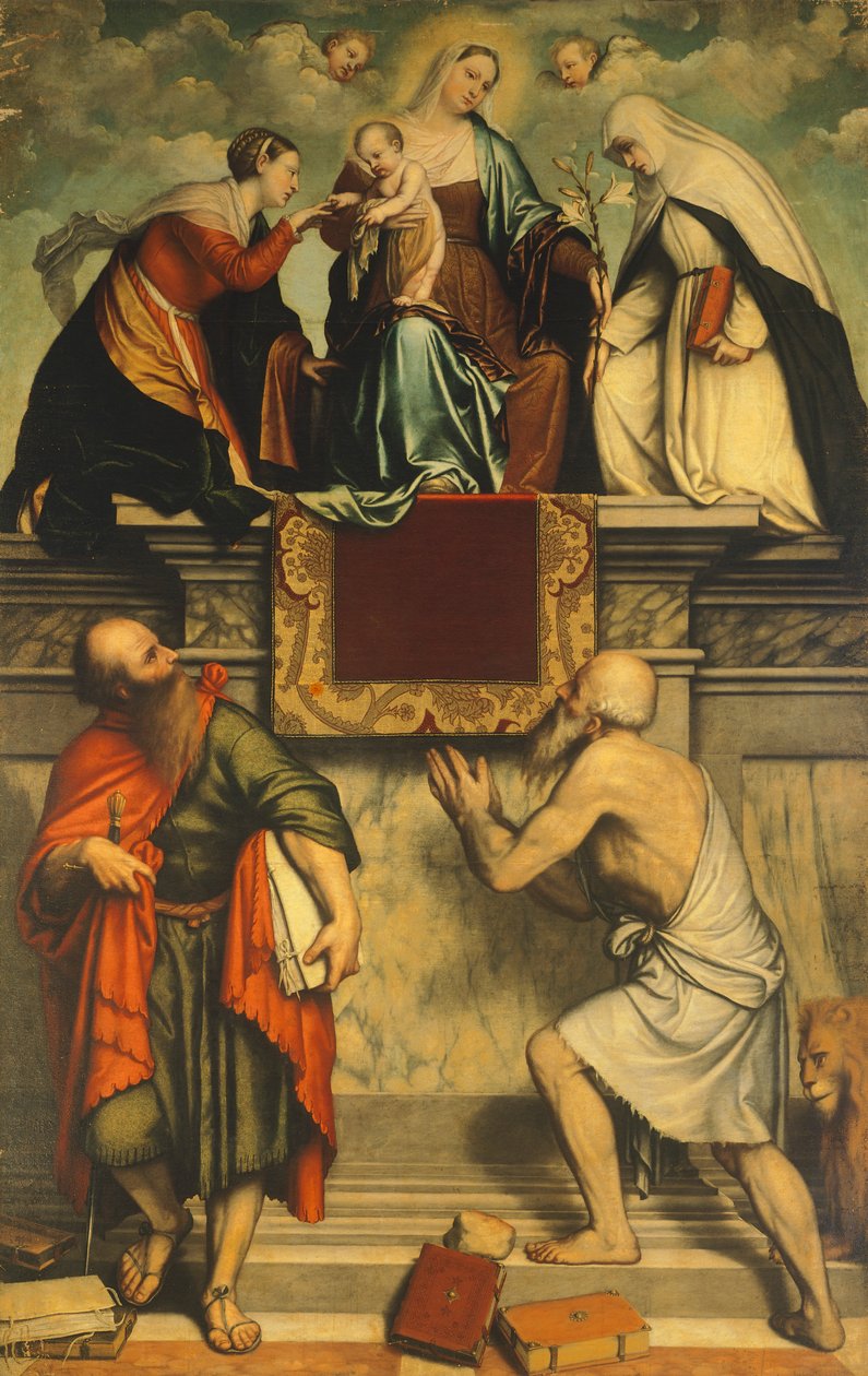 Virgen entronizada con el Niño, Santa Catalina, San Pablo y San Jerónimo de Moretto da Brescia
