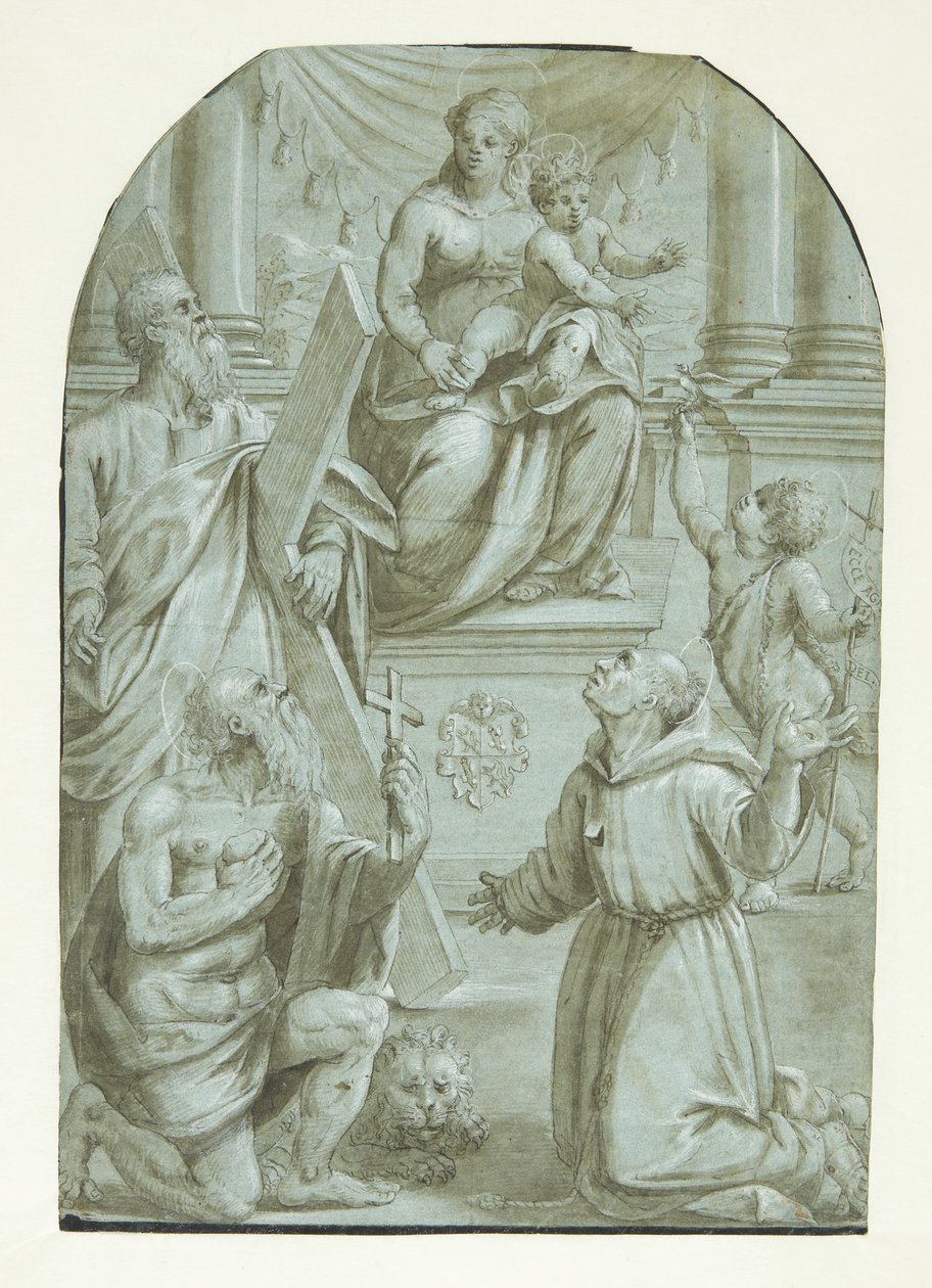 María con el niño Jesús en el trono, rodeada por el apóstol Andrés, Juan el Bautista como niño, San Jerónimo y San Francisco de Asís de Moretto da Brescia