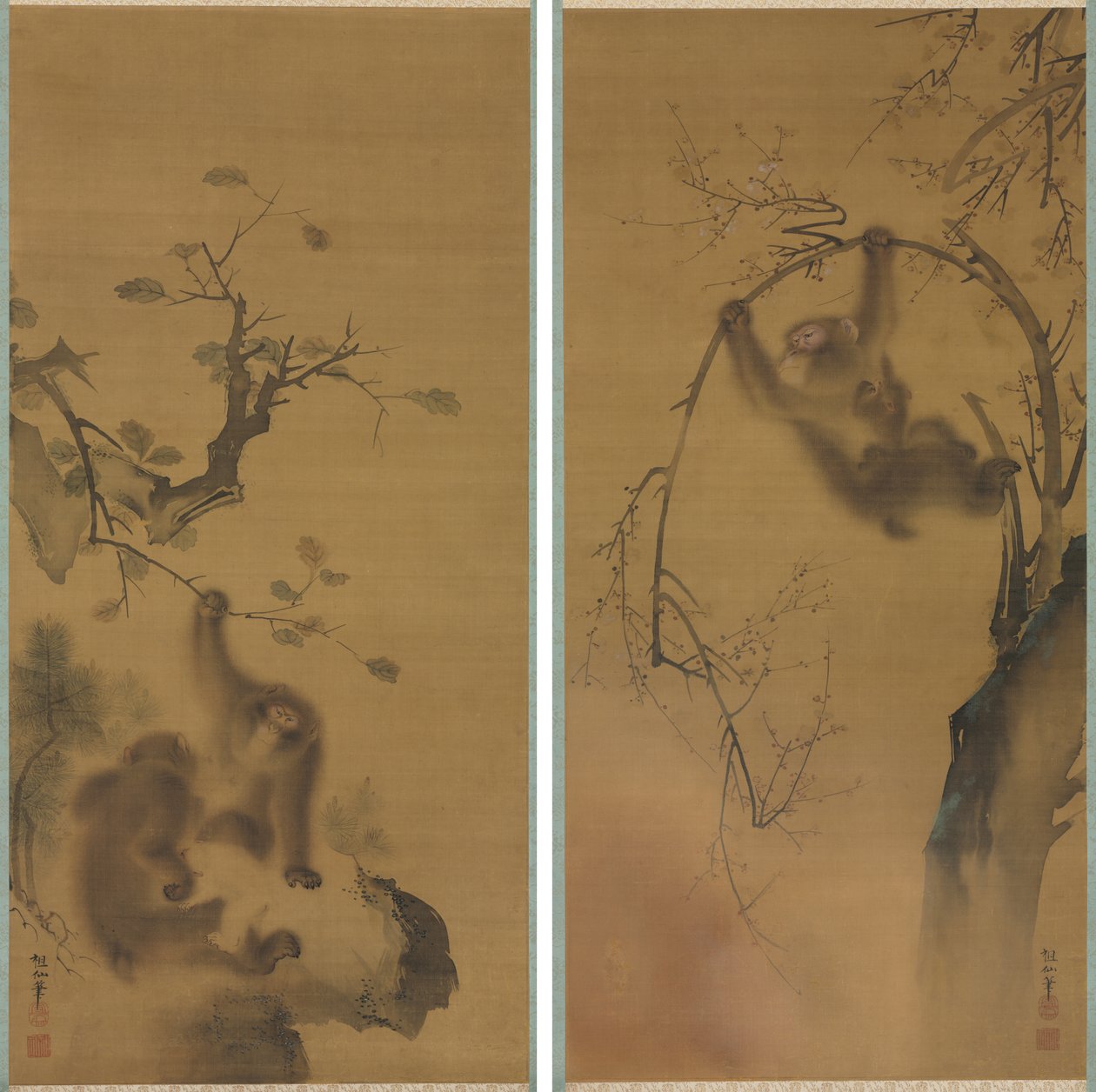 Monkeys in a Cherry Tree; Monkeys on a Rock Ledge de Mori Sosen