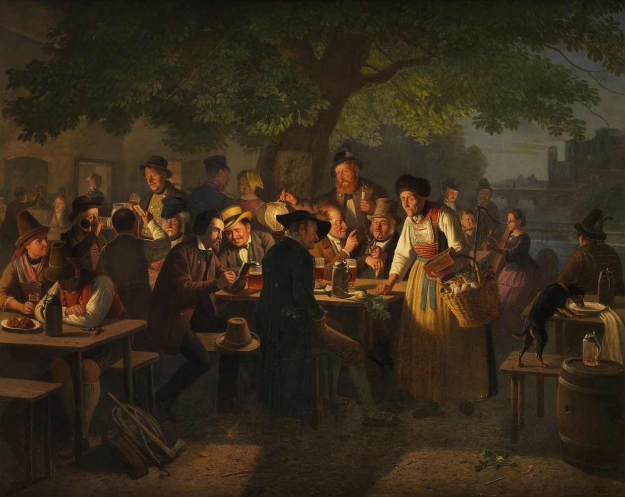 Escena nocturna en el jardín de cerveza con una anciana vendedora de rábanos de Moritz Muller