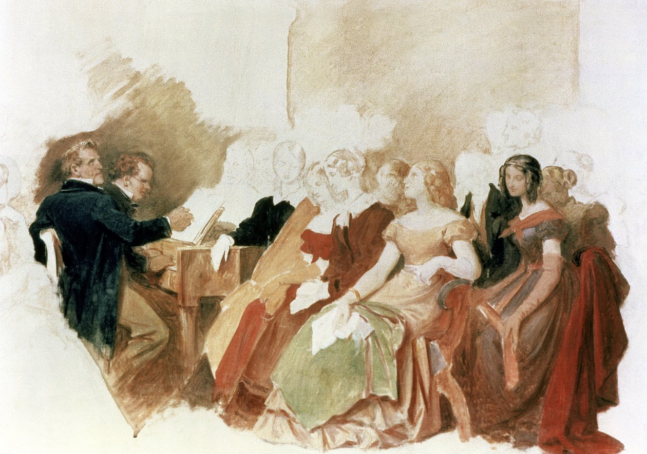 Estudio para Una noche en casa del Barón von Spaun: Schubert al piano entre sus amigos, incluyendo al barítono operístico Johann Vogl (1768-1840) de Moritz Ludwig von Schwind