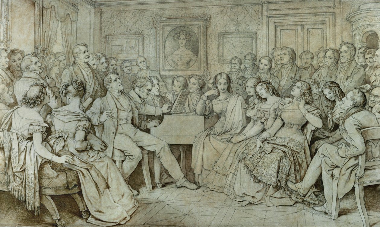 Una velada en casa del barón Spaun, Schubert al piano, el tenor Johann Michael Vogl cantando ... (tinta, sepia) de Moritz Ludwig von Schwind