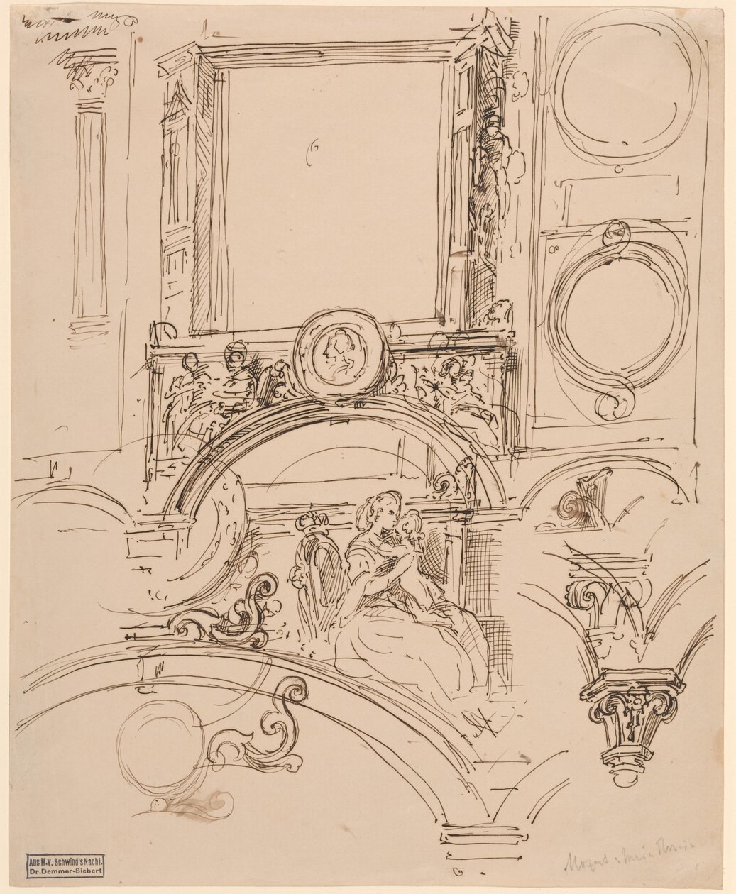 Detalles arquitectónicos para una decoración mural con la emperatriz María Teresa abrazando al joven Wolfgang Amadeus Mozart, c.1864 (pluma y tinta) de Moritz Ludwig von Schwind