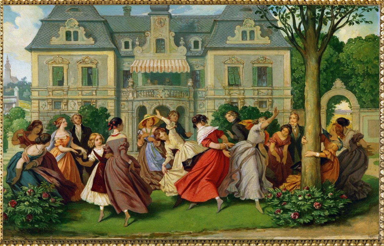 Juegos de sociedad, una mansión al fondo ... (pintura al óleo) de Moritz Ludwig von Schwind