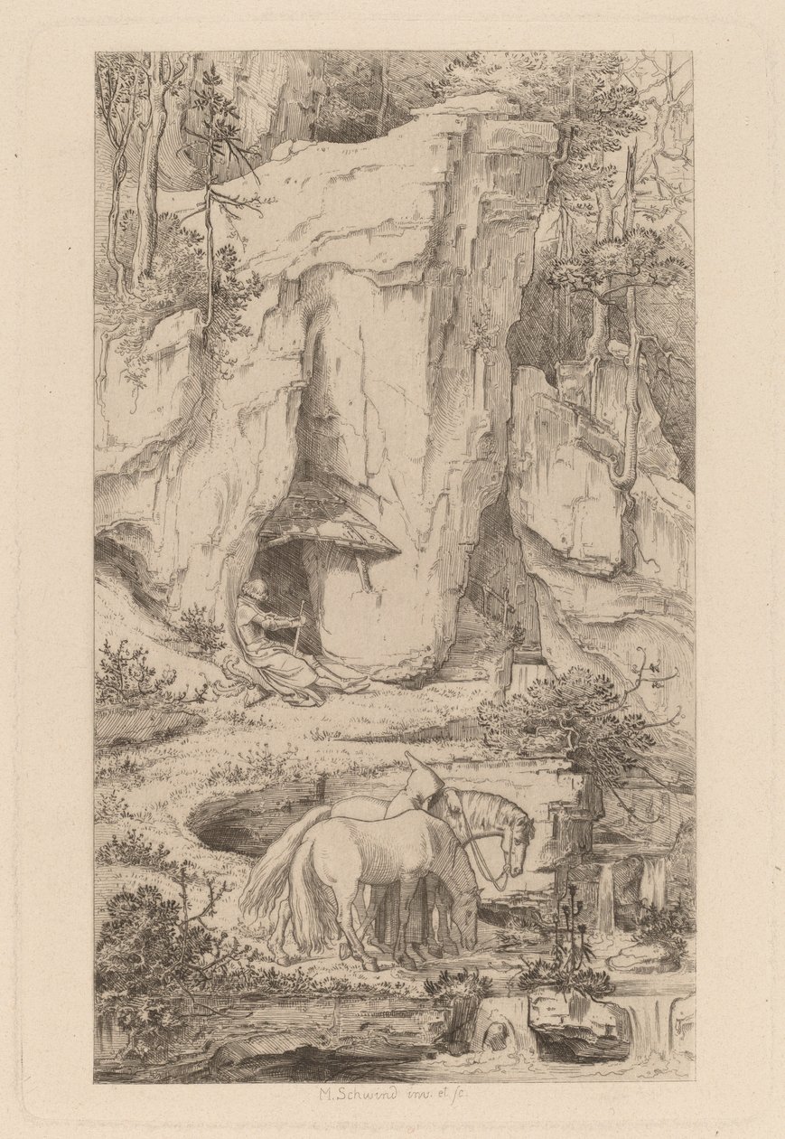 Un Monje Guiando Caballos al Agua de Moritz Ludwig von Schwind
