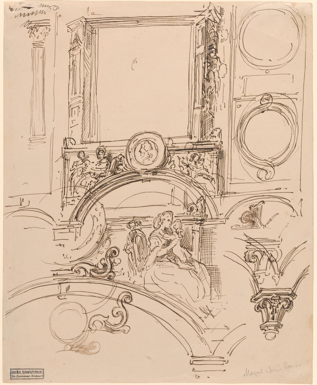 Detalles Arquitectónicos para una Decoración de Pared con la Emperatriz María Teresa Abrazando al Joven Wolfgang Amadeus Mozart de Moritz Ludwig von Schwind