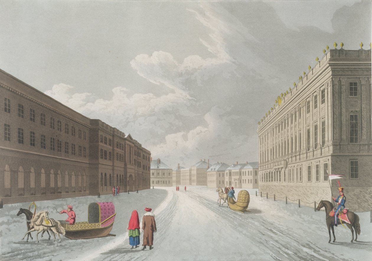 Vista del Palacio de Mármol en el Gran Millione, San Petersburgo, ilustración para febrero de 