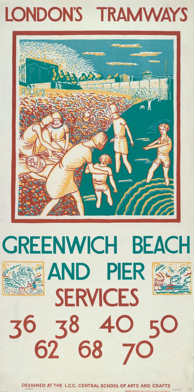 Playa y muelle de Greenwich, póster de tranvías del Consejo del Condado de Londres LCC, 1925 de Morris Kestelman