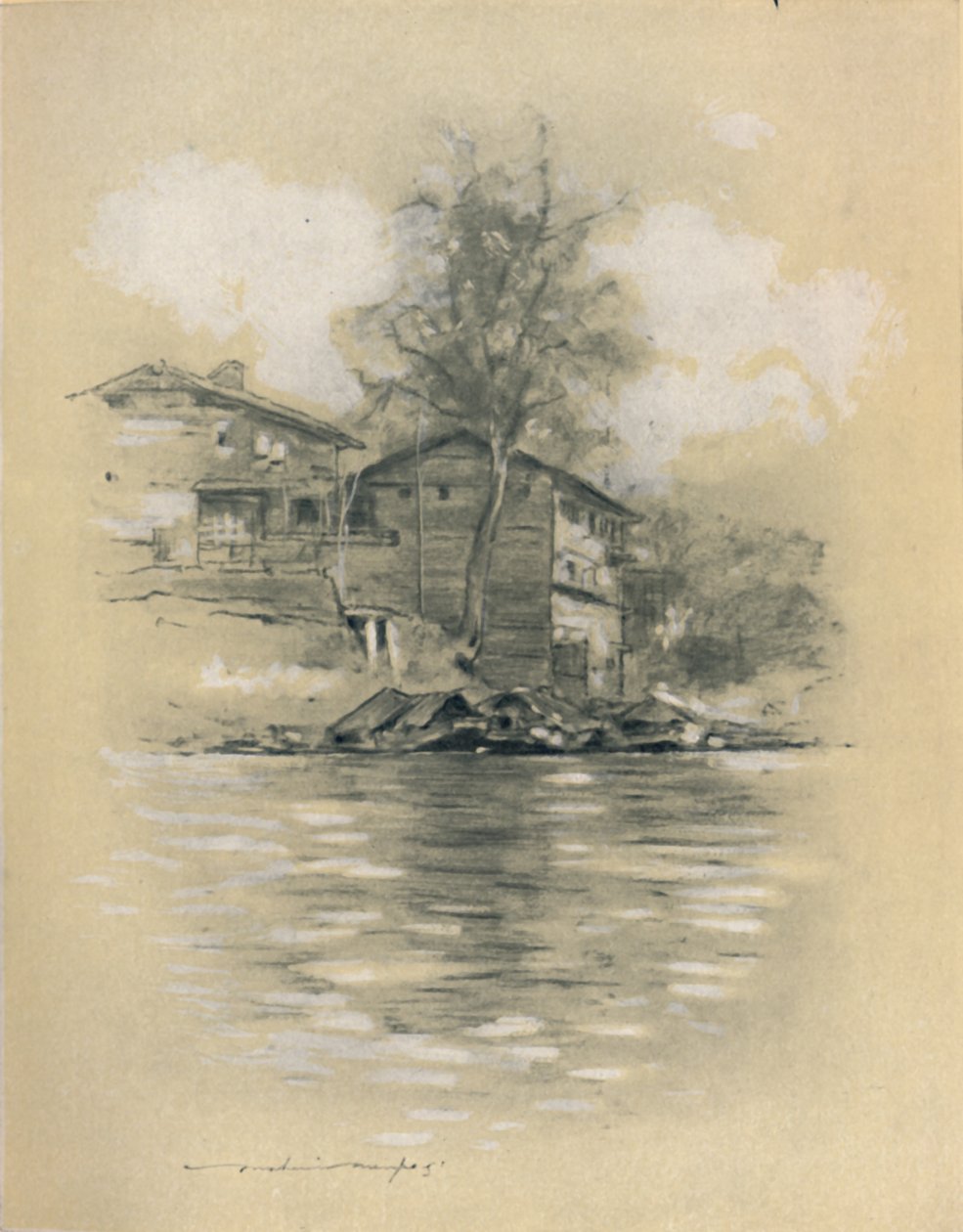 Vivienda junto al río en Srinagar, 1903 de Mortimer L Menpes