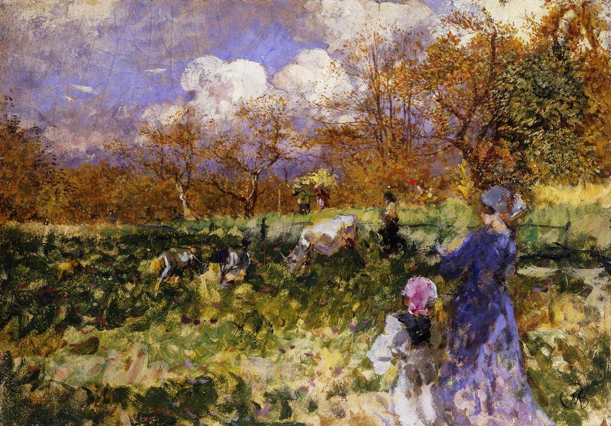 En el Prado; Mujeres y Niños Conduciendo Cabras de Mose Bianchi