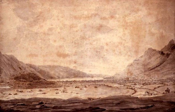 Vista panorámica de Derwentwater y el Valle de Keswick (detalle), c.1772 de Moses Griffith