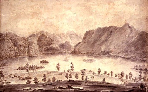 Vista panorámica de Derwentwater y el Valle de Keswick (detalle) de Moses Griffith