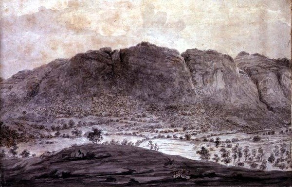 Vista panorámica de Derwentwater y el Valle de Keswick, detalle de montañas, c.1772 de Moses (attr. to) Griffith