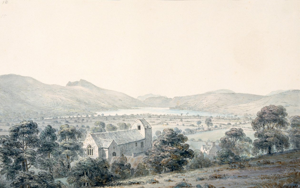 Vista de Bala Pool, Llyntagit, desde arriba de la iglesia de Llanfawr, Meirionethshire de Moses Griffith